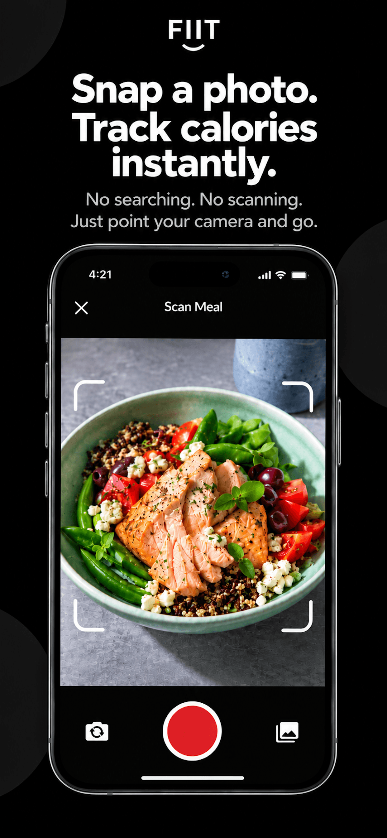 FIIT camera screen scanning a meal photo to instantly log calories