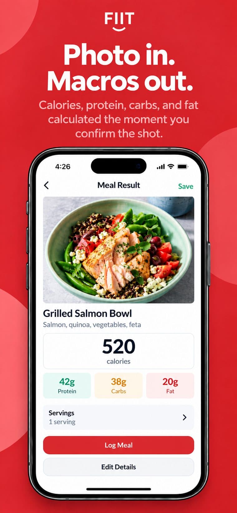 FIIT meal result for a Grilled Salmon Bowl showing 520 calories and protein, carbs and fat