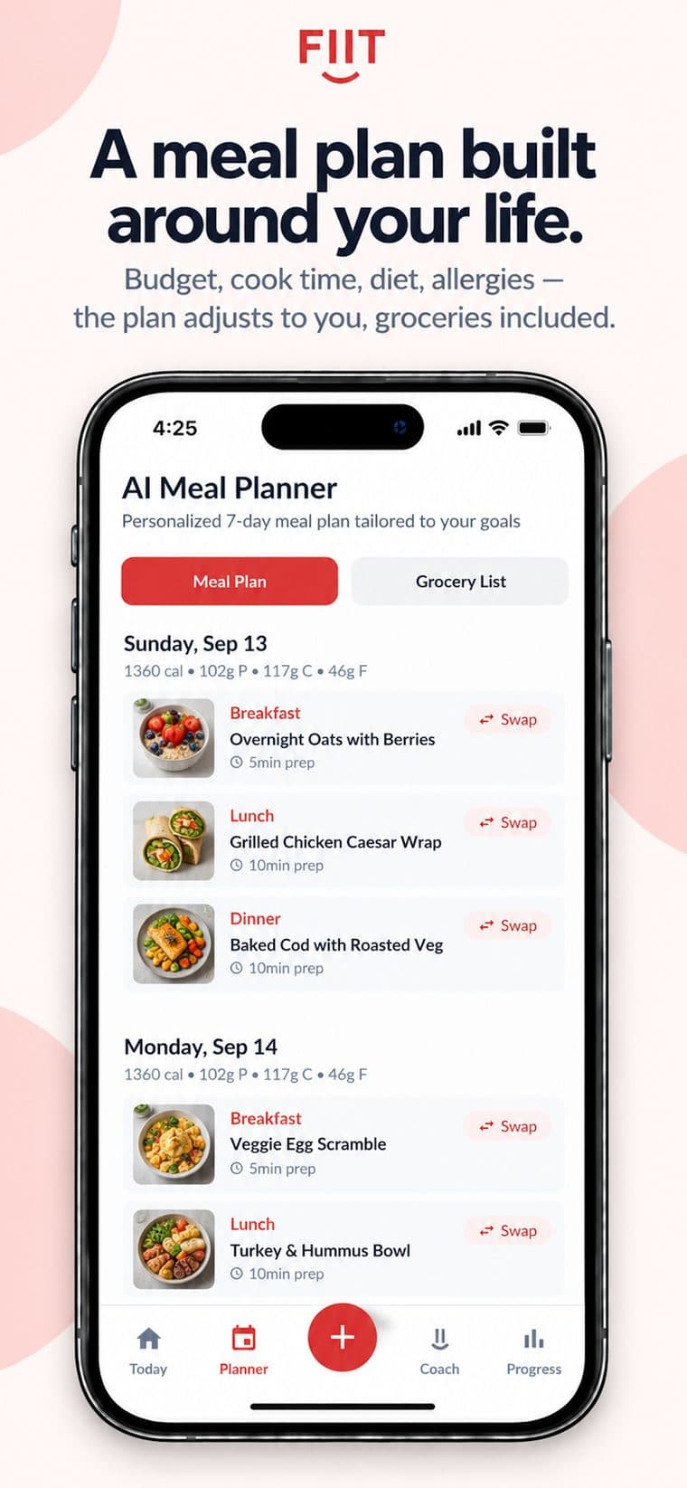 FIIT AI Meal Planner showing a 7-day plan with breakfast, lunch and dinner and a grocery list tab