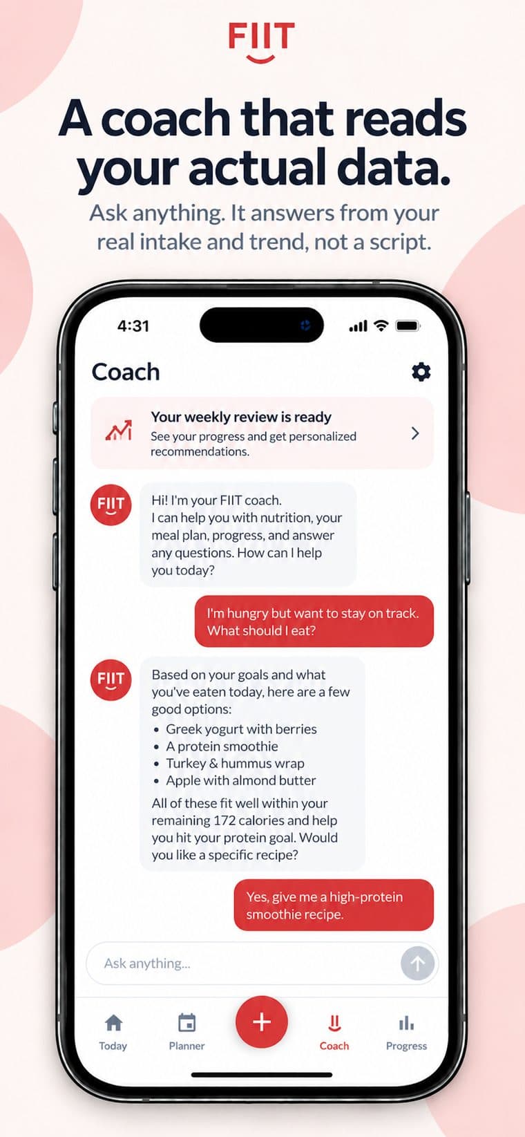 FIIT Coach chat suggesting high-protein options within the remaining calories